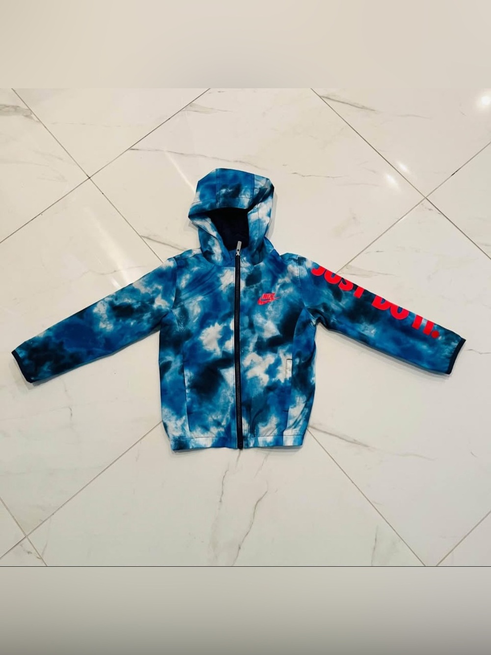 Nike Kids Blue Tie-Dye Hooded Zip Jacket with Red Logo